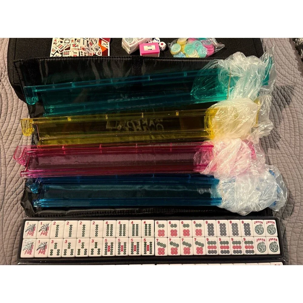 166 Black American Printed Mahjong Game Set with Carrying Bag and Accessories,1.